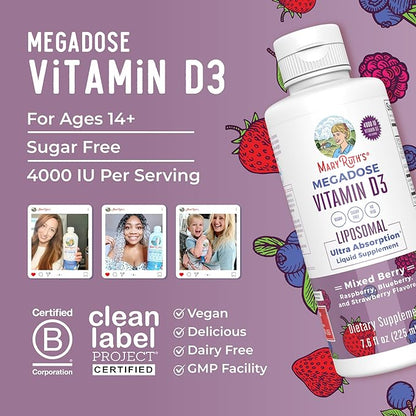 Megadose Vitamin D3 Liposomal by MaryRuth's| Vitamin D 4000 IU | Ultra Absorption | Immune Support for Adults | Bone Health | VIT D3 | Vegan | Sugar Free | Gluten Free | Non-GMO | 45 Servings