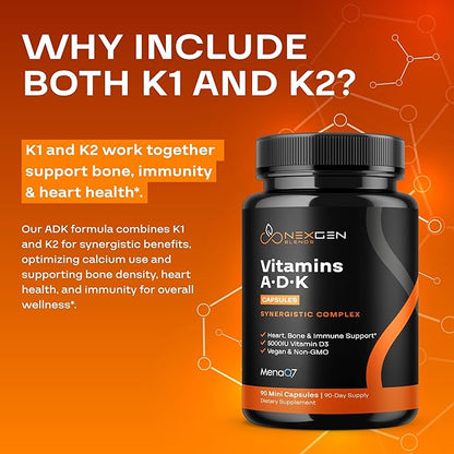 High Absorption ADK Vitamin Supplement - Vegan Vitamin D3 K2 MK7 & A for Calcium Regulation plus Bone Heart Thyroid & Immune Support - Vitamin ADK with 5000IU D3 Non GMO & Gluten Free (3 Months)