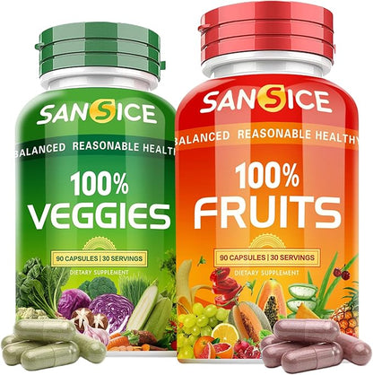 Fruits and Veggies Supplement, Natural Fruit and Vegetable Vitamins Soy Free & Non-GMO Vegetable and Fruit Supplements for Women Men and Kids - 90 Fruit Capsules, 90 Veggie Capsules