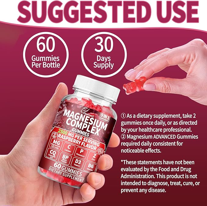 Magnesium Gummies 2000mg with Vitamin D3 & B6 Magnesium Complex Gummies Supplement for Brain & Sleep and Memory & Attention Made in USA 60 Counts Raspberry Flavor