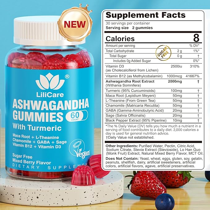 Ashwagandha Gummies 2000mg for Women Men - Sugar Free, Vegan - Organic Ashwagandha Root Supplements Gummy & Vitamin D3, 120 Count