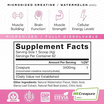 Muscle Feast Creapure Micro - Micronized Creatine Monohydrate Powder | Premium Pre-Workout or Post-Workout | Easy to Mix, Gluten-Free, Safe and Pure, (Watermelon, 250g)