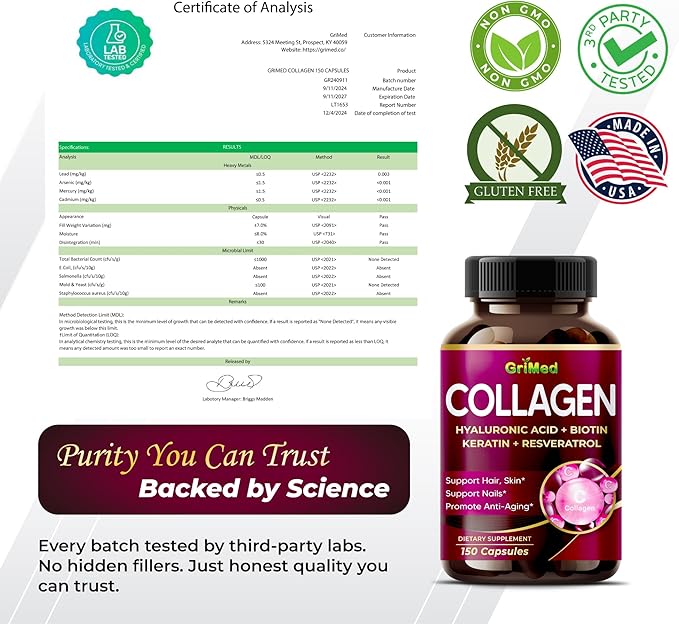 GriMed Organic Collagen 6,419 mg with Hyaluronic Acid, Biotin, Keratin, Resveratrol Hair Skin, Nails Vitamins - Made in The USA (90 Count (Pack of 1))