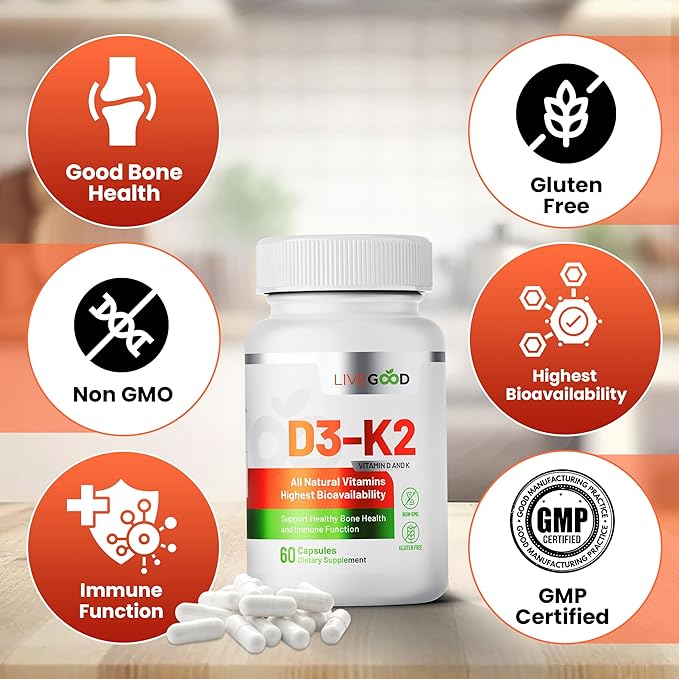 LIVEGOOD™ Vitamin D3 + K2 All Natural Bone, Muscle & Immune System Support, Vegan & Non-GMO, 60 Capsules