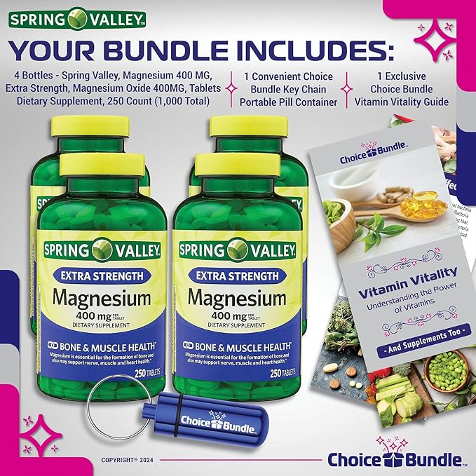 Spring Valley Magnesium Bone & Muscle Health Tablets 400 mg 250 Ct 4 pk (1,000 Total) + “Vitamin Vitality” Guide & Pill Container (6 Items)!