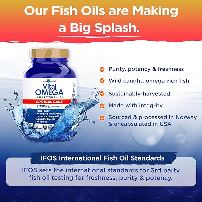 Vital Planet - Vital Omega 3 Fish Oil Critical Care Supplement with 2350mg of High Potency Wild Caught Omega 3 Fatty Acid Supplements EPA DHA and DPA for Heart Health 60 Softgels (Packaging May Vary)