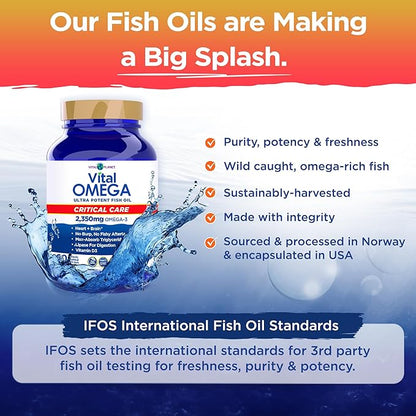 Vital Planet - Vital Omega 3 Fish Oil Critical Care Supplement with 2350mg of High Potency Wild Caught Omega 3 Fatty Acid Supplements EPA DHA and DPA for Heart Health 60 Softgels (Packaging May Vary)