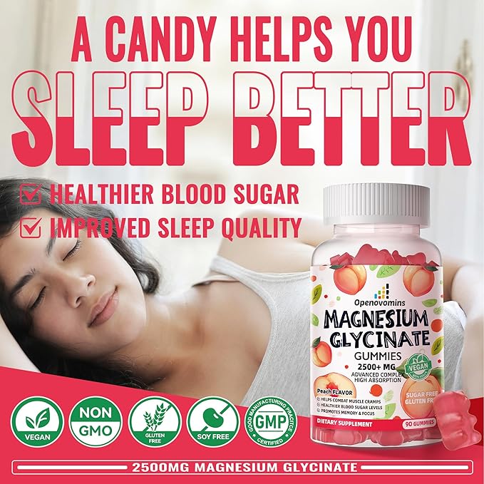 Magnesium Glycinate Gummies 2500mg - Sugar Free Magnesium Potassium Supplement with Vitamin D, B6, CoQ10 for Calm Mood & Sleep Support - 90 Peach Gummies
