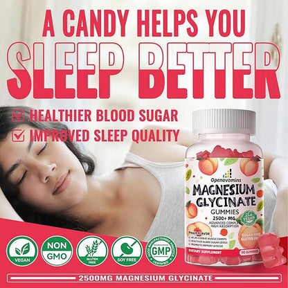 Magnesium Glycinate Gummies 2500mg - Sugar Free Magnesium Potassium Supplement with Vitamin D, B6, CoQ10 for Calm Mood & Sleep Support - 90 Peach Gummies
