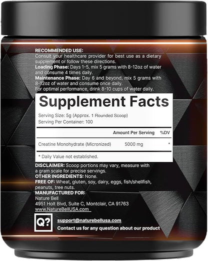 NatureBell Instant Creatine Monohydrate Powder 500 Grams, 5000mg Per Serving, Unflavored Micronized Creatine Powder - Pre Workout | Keto | Vegan | Dissolves Easy | Filler Free - 100 Servings (1.1Lb)
