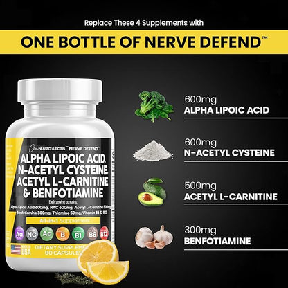 Alpha Lipoic Acid 600mg N-Acetyl Cysteine 600mg Acetyl L-Carnitine 500mg Benfotiamine 300mg - Nerve Support Supplement for Women and Men with Vitamin B1, B6 & B12 - Made in USA 90 Caps