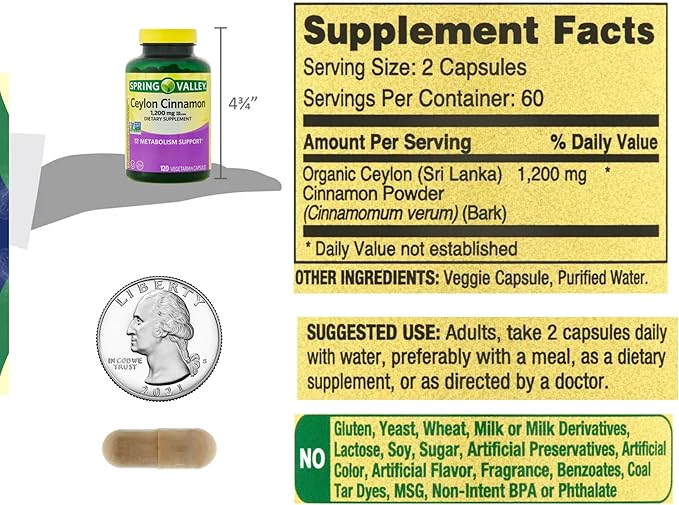 Spring Valley Ceylon Cinnamon Capsules 1200 mg Capsules, Support Metabolism * 120 Count | Non-GMO & Gluten Free Pills (Pack of 1)