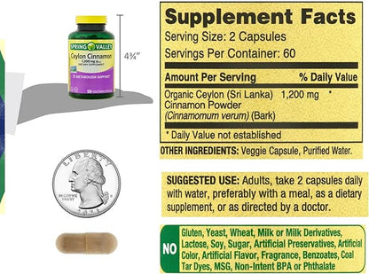 Spring Valley Ceylon Cinnamon Capsules 1200 mg Capsules, Support Metabolism * 120 Count | Non-GMO & Gluten Free Pills (Pack of 1)