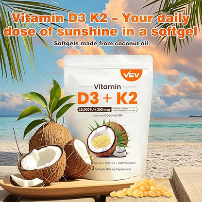VEV Vitamin D3 Con K2 10000 IU, 300 Virgin Coconut Oil Softgels, 2 in 1 Vitamins Supplement D & K (Include MK7), Easy to Swallow, Supports Calcium Absorption, Bone Health(Packaging May Vary)
