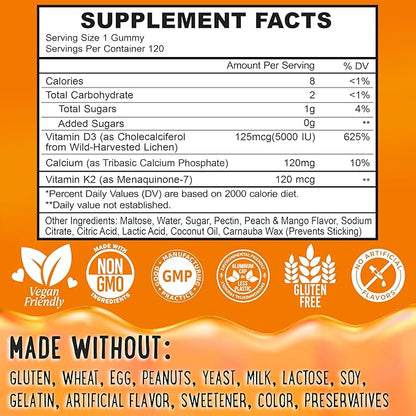Center-Filled Vitamin D3 K2 Gummies - Kids, Teens & Adults - Supplement for Healthy Teeth, Bone, Energy & Immunity - 5000 IU D3, 120 mcg K2(MK-7), 120 mg Calcium - Vegan & Non-GMO - 120 Count
