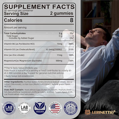 Magnesium Glycinate 500 mg for Adults - Plus D3,B6 & Zinc - Magnesium Glycinate Gummies,High Absorption - Support for Relaxation,Brain,Bone & Immunity Health - Sugar Free - 120Cts