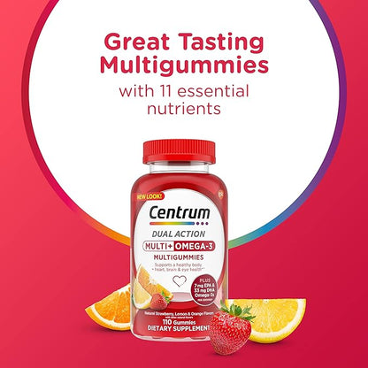 Centrum MultiGummies Multi+ Omega 3 Dual Action, Adult Multivitamin, Multivitamin/Multimineral/Omega 3 Supplement, Strawberry/Lemon/Orange Flavors - 110 Count (Pack of 5)