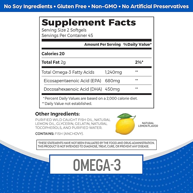 Orgain Fish Oil Omega 3 Supplement 1240mg, EPA & DHA 1130mg, Supports Joint, Eye, Brain & Heart Health, No Mercury or Toxins, Sustainably Sourced from Wild-Caught Fish - 90 Softgels, 45 Day Supply