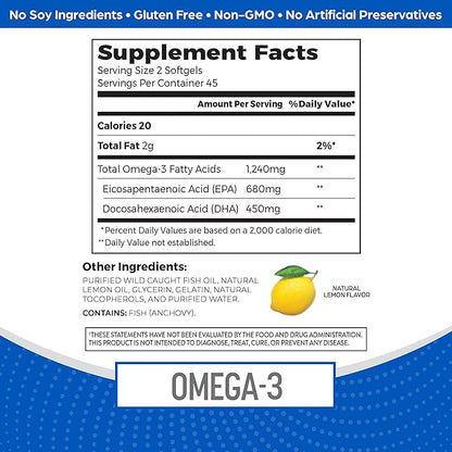 Orgain Fish Oil Omega 3 Supplement 1240mg, EPA & DHA 1130mg, Supports Joint, Eye, Brain & Heart Health, No Mercury or Toxins, Sustainably Sourced from Wild-Caught Fish - 90 Softgels, 45 Day Supply