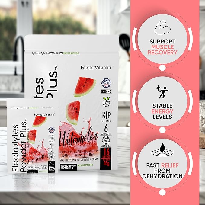 Electrolytes Powder Plus, Keto, Watermelon, Sugar Free, Pink Himalayan Salt, 1000mg Potassium, 120mg Calcium, 120mg Magnesium, Non-GMO, Zero Calories, (16 Hydration Packets)
