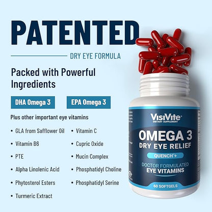 Omega 3 Dry Eye Supplements with EPA and DHA - VisiVite Dry Eye Relief Quench+ Eye Vitamins for dry eyes with Omega 3 Supplement - Dry Eye vitamins Made with Omega 3 Fish Oil - 60 Softgels.