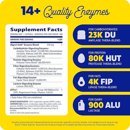 Enzymedica Digest Gold + ATPro, Maximum Strength Enzyme Formula, Prevents Bloating and Gas, 14 Key Enzymes Including Amylase, Protease, Lipase and Lactase, 180 Capsules