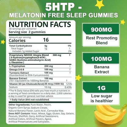 1Pack 5-HTP GABA Gummies - Melatonin Free Calm & Relaxation Gummies w/Banana Extract, L-Theanine, L-Tryptophan, Omega-3-6-9 for Health Rest Cycle & & Circadian Rhythm, Natural Zzzs, Brain Relax