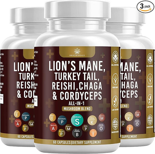Mushroom Supplement with Lion's Mane Turkey Tail Reishi Cordyceps Chaga Marshmallow Root - 180 Count