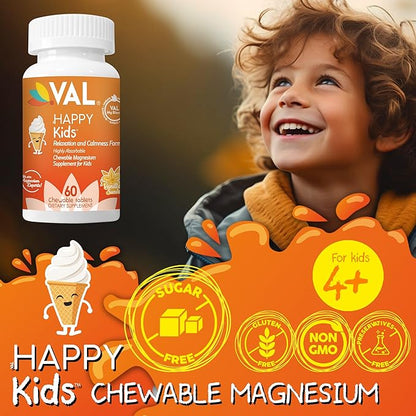 VAL Magnesium for Kids | High-Absorption Magnesium for Calm, Relaxation & Focus | Magnesium Glycinate, Citrate & Taurate | with Vitamin B6, D & C | Sugar-Free, Non-GMO | Vanilla | 60 Chewable Tablets