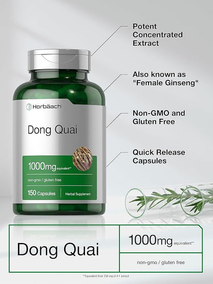 Horbäach Dong Quai Capsules | 1000mg | 150 Count | Non-GMO and Gluten Free Supplement | Traditional Herb