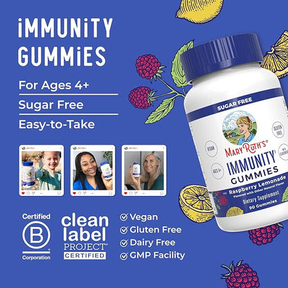 MaryRuth Organics Sugar Free Immunity Gummies | Powerful Blend | Elderberry Vitamin C & Zinc | Vitamin D3 & Echinacea | Immune Support Supplement | Gummies for Kids & Adults | Vegan | Non GMO | 90ct