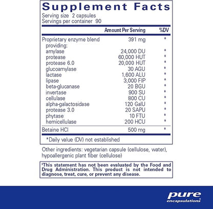 Pure Encapsulations Digestive Enzymes Ultra with Betaine HCl - Vegetarian Digestive Enzyme Supplement to Support Protein, Carb, Fiber, and Dairy Digestion* - 180 Capsules
