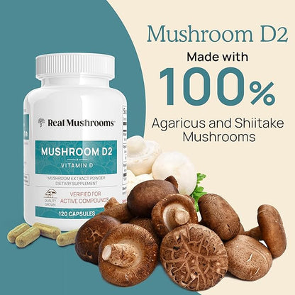 Real Mushrooms Vitamin D2 120 ct Vegan D Supplements - Organic Supplement 1000 IU Shiitake Agaricus Mushroom Complex Vitamins for Bone Muscle Health, Energy, Mood