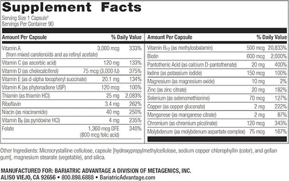Bariatric Advantage Ultra Solo Without Iron - Once-Per-Day Daily Multivitamin - for Bariatric Patients - with Thiamin, Vitamin A & More - Gluten Free - 90 Capsules