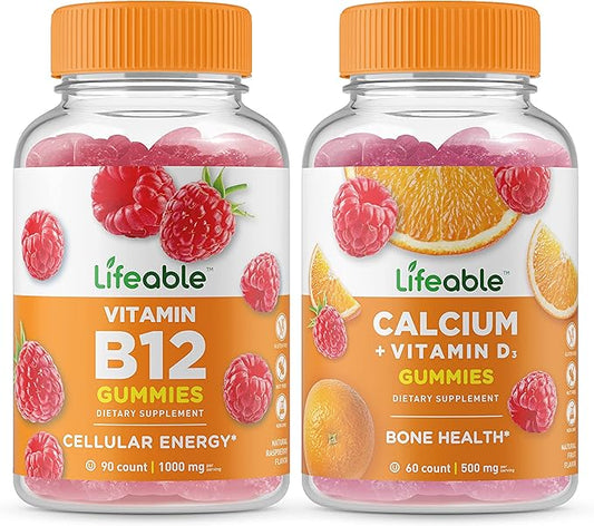 Lifeable Vitamin B12 + Calcium with Vitamin D, Gummies Bundle - Great Tasting, Vitamin Supplement, Gluten Free, GMO Free, Chewable