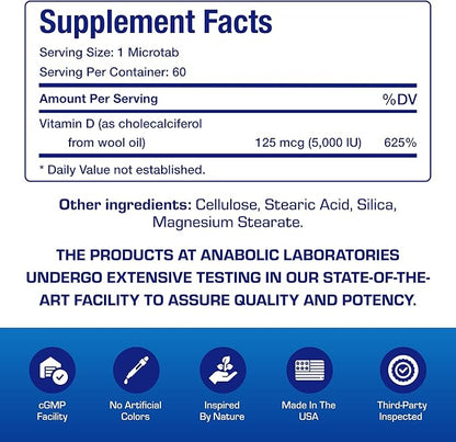 High Strength Vitamin D3 5000 IU - Clinical Formula Vitamin D Supplement for Men and Women for Bone Teeth Muscle Mood and Immune Support - High Absorption Vegetarian Microtabs (60 Day Supply)