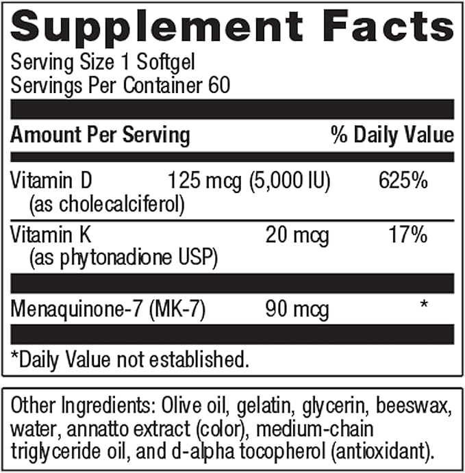 Metagenics Vitamin D3 + K - for Immune Support, Bone Health & Heart Health* - Vitamin D with MK-7 (Vitamin K2) - Non-GMO - Gluten-Free - 60 Softgels - 5,000 IU