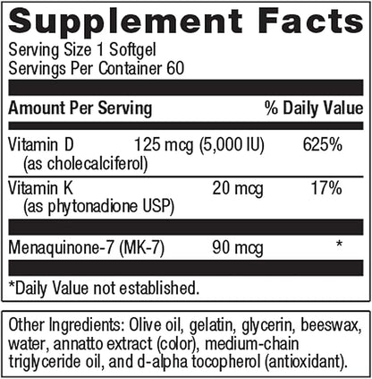 Metagenics Vitamin D3 + K - for Immune Support, Bone Health & Heart Health* - Vitamin D with MK-7 (Vitamin K2) - Non-GMO - Gluten-Free - 60 Softgels - 5,000 IU