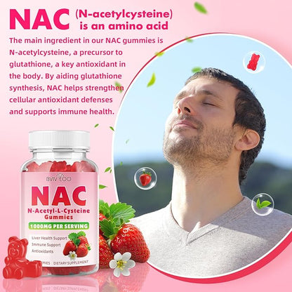2 Pack Sugar-Free 1000mg NAC Gummies, N-Acetyl Cysteine Supplement for Antioxidants & Immune Support, 120 Vegan Gummies