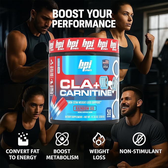 BPI Sports CLA + Carnitine – Conjugated Linoleic Acid – Performance, Lean Muscle – Caffeine Free – For Men & Women – Rainbow Ice – 50 servings – 12.34 Oz. (Packaging may vary)