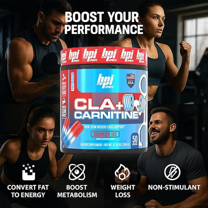 BPI Sports CLA + Carnitine – Conjugated Linoleic Acid – Performance, Lean Muscle – Caffeine Free – For Men & Women – Rainbow Ice – 50 servings – 12.34 Oz. (Packaging may vary)