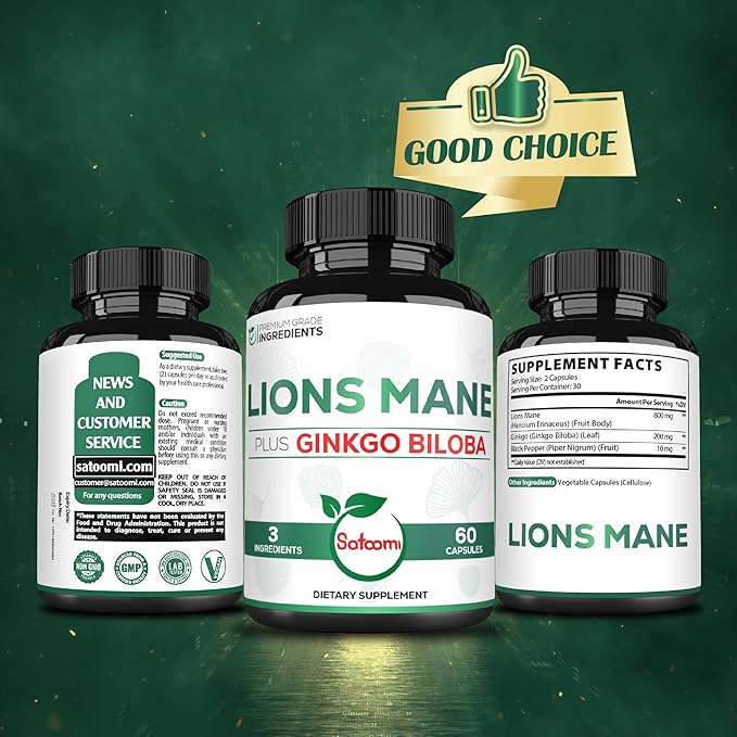Lions Mane with Ginkgo Biloba Supplement - 60 Capsules - Extra Strength for Restful Mind, Brain Health, Immune System & Focus - Gluten-Free, Non-GMO