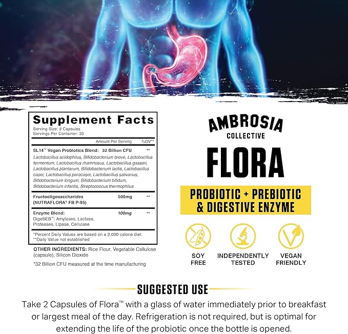 Ambrosia Flora Digestive Enzymes with Probiotics and Prebiotics, Plant Based Gut Health Supplement, 32 Billion CFU, Vegan Probiotic for Digestive Health (30 Servings)