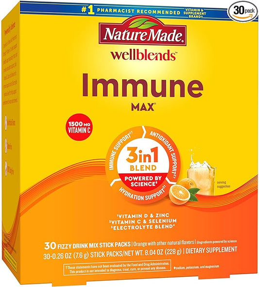 Nature Made Wellblends ImmuneMAX Fizzy Drink Mix, Vitamin C 1500mg, Zinc 15 mg, Vitamin D3 1000 IU (25 mcg), plus B Vitamins and Electrolytes Hydration Blend, 30 Stick Packs