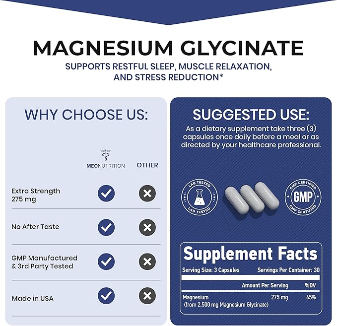 Magnesium Glycinate 275mg per Serving | 90 Vegan Capsules | Non-GMO, Gluten-Free, Gentle on Digestion | Supports Sleep, Heart & Bone Health | Made in USA