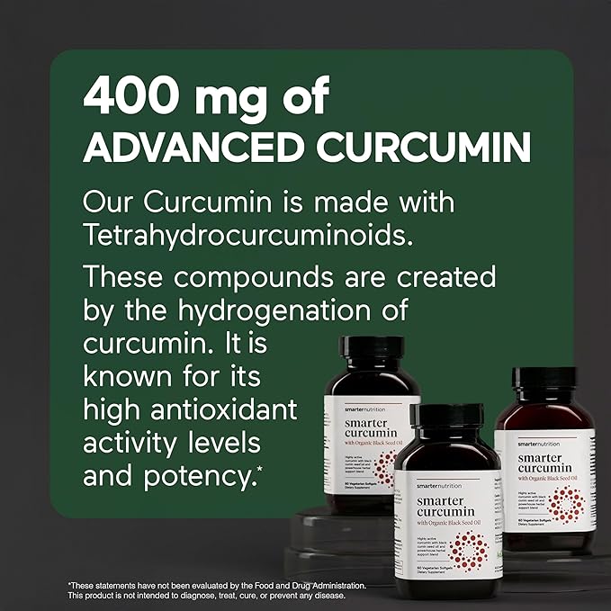 Smarter Nutrition Curcumin Softgels - Vegan High Absorption 400 mg Turmeric Supplement + Organic Black Seed Oil & Ginger - 95% Tetrahydrocurcuminoids Non-GMO, USA Manufactured - 60 Ct[30 Servings]
