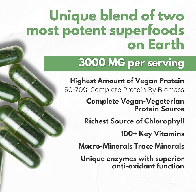 Chlorella Spirulina Powder Capsules Organic 3000 mg of BMAA Free Purest Blue Green Algae - Best Natural Detox Raw Vegan Vitamins Protein Green Superfood - Made in USA