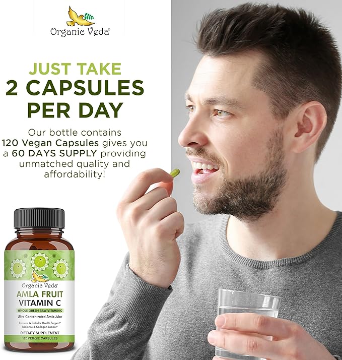 Organic Veda Amla Fruit Capsules, 20 X Concentrated Amla Berry Juice Extract Natural Vitamin C Supplement - Potent Antioxidants, Immunity, Skin Radiance - Vegan Vitamin C Amla Powder Capsule 120