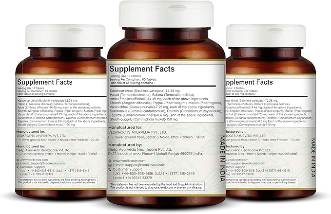 Kanchnar Guggulu - Ayurvedic Supplement for Thyroid | Hormonal Balance for Women | Reduces Joint and Muscles Pain | for Swollen Lymph Nodes | 60 Tablets (180)