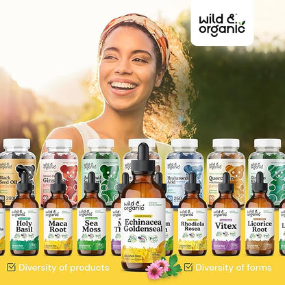 Wild & Organic Echinacea Goldenseal Tincture - Immune Support Drops with Echinacea and Goldenseal Root Extract - Vegan, Sugar & Alcohol-Free Liquid Supplement - 4 fl oz
